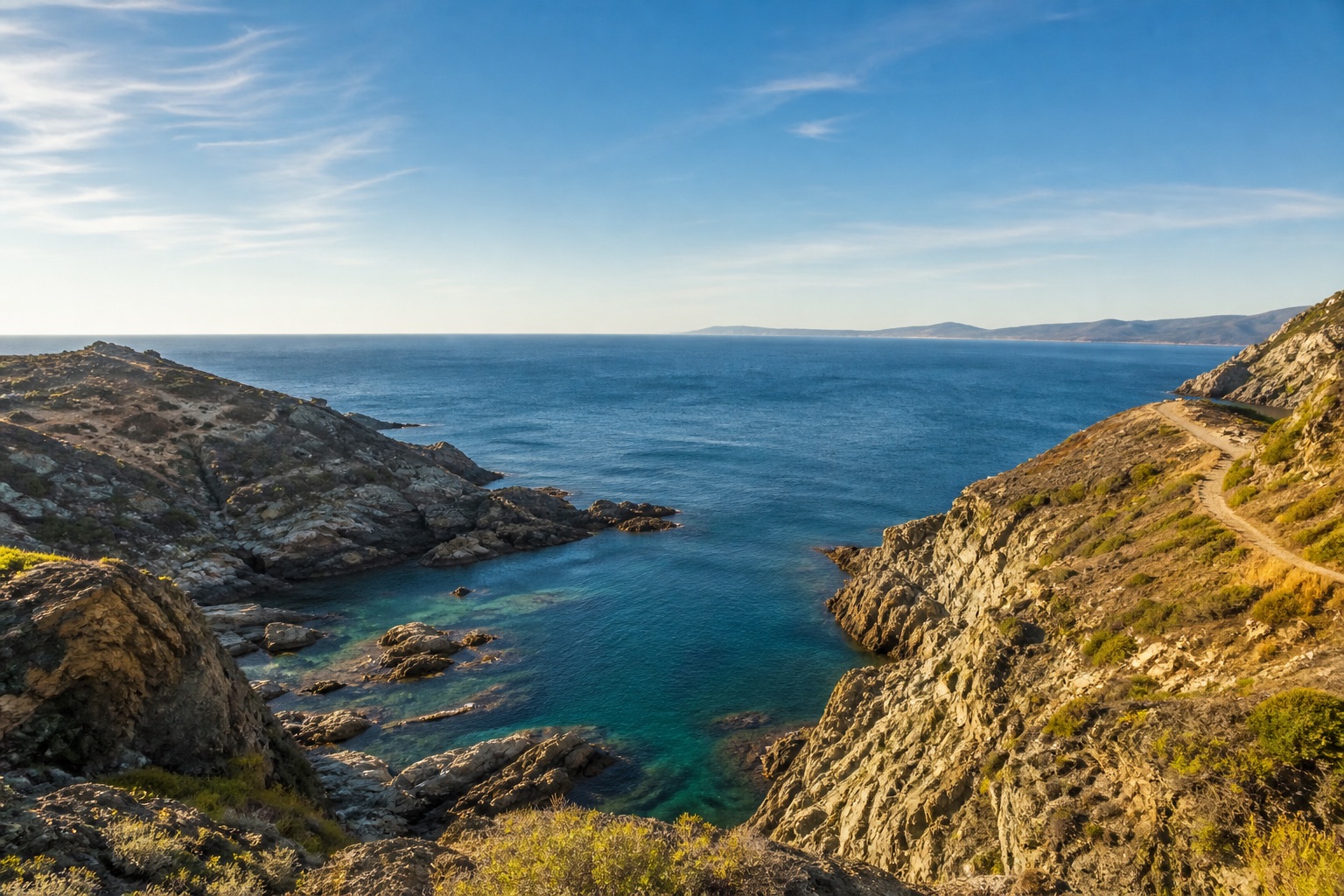 Cliffs and turquoise coves on the Cap de Creus coast under a clear sky